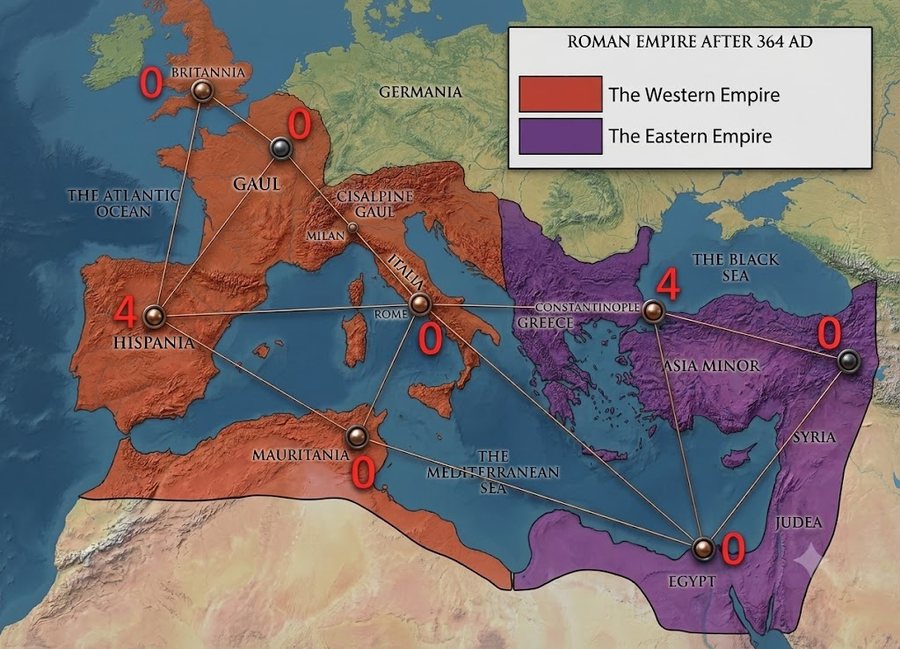 Mapa do Império Romano representado como um grafo, com os rótulos de uma solução ótima de Dominação Romana Tripla nos vértices.